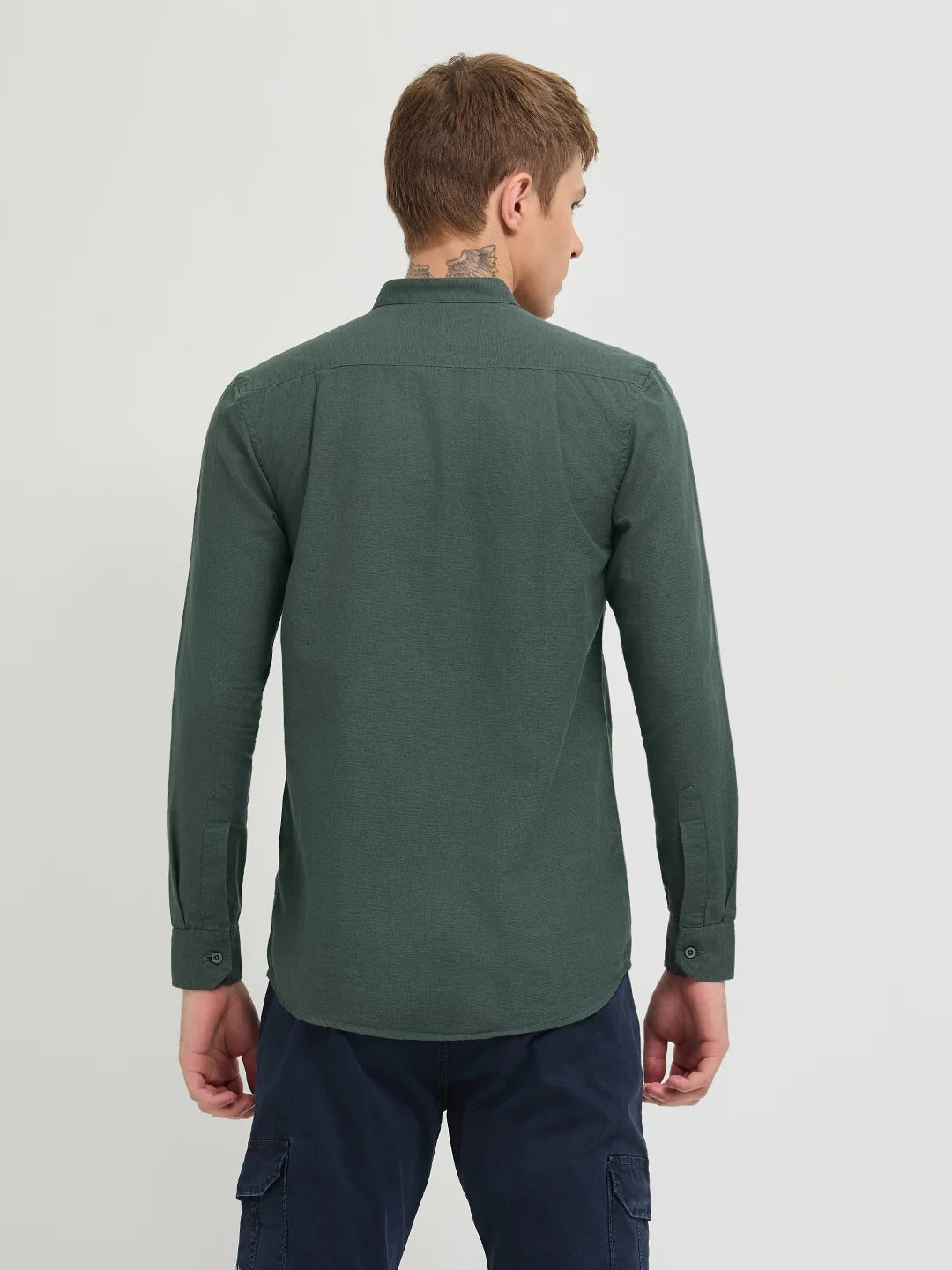 Stylovas Men's Olive Green Mandarin Collar Solid Full Sleeve Casual Shirt | Premium Cotton Blend | Regular Fit