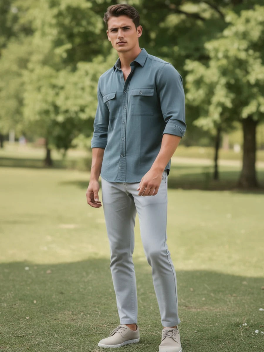 Stylovas Men's Steel Blue Utility Pocket Casual Shirt | Premium Cotton Blend | Full Sleeve Regular Fit