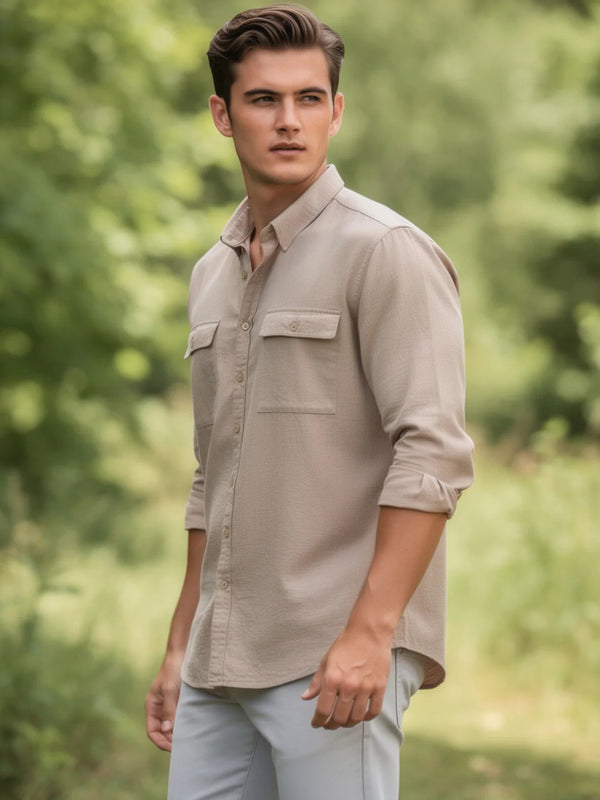 Stylovas Men's Beige Utility Pocket Casual Shirt | Premium Cotton Blend | Full Sleeve Regular Fit