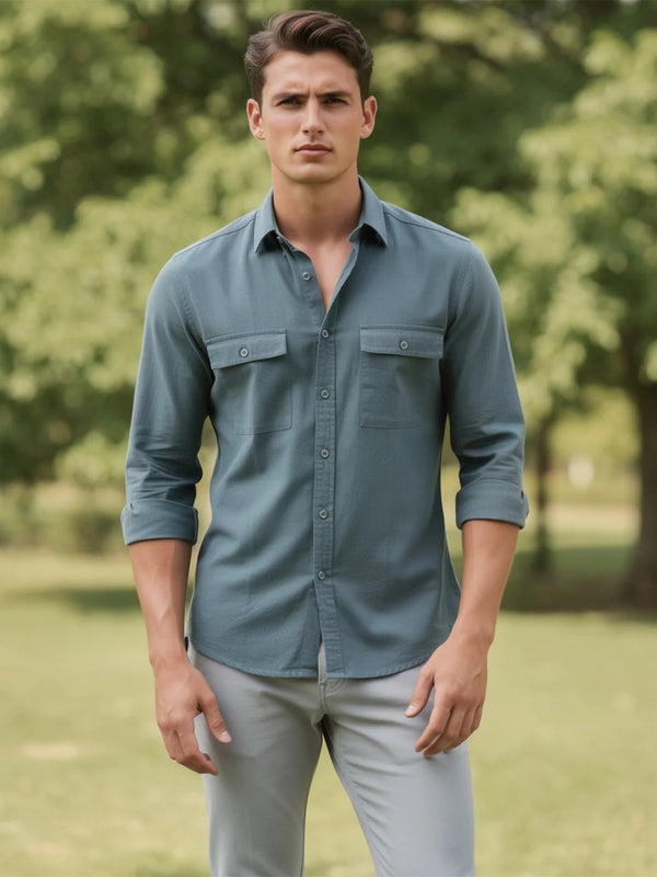 Stylovas Men's Steel Blue Utility Pocket Casual Shirt | Premium Cotton Blend | Full Sleeve Regular Fit