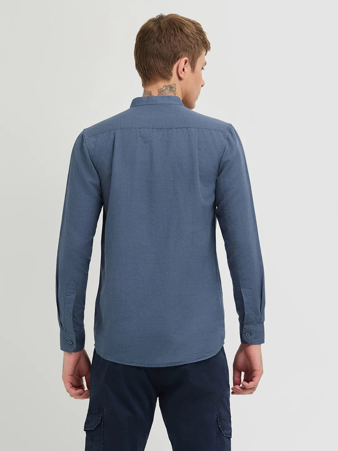 Stylovas Men's Slate Blue Mandarin Collar Solid Full Sleeve Casual Shirt | Premium Cotton Blend | Regular Fit