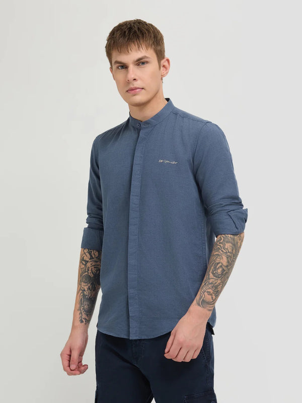 Stylovas Men's Slate Blue Mandarin Collar Solid Full Sleeve Casual Shirt | Premium Cotton Blend | Regular Fit