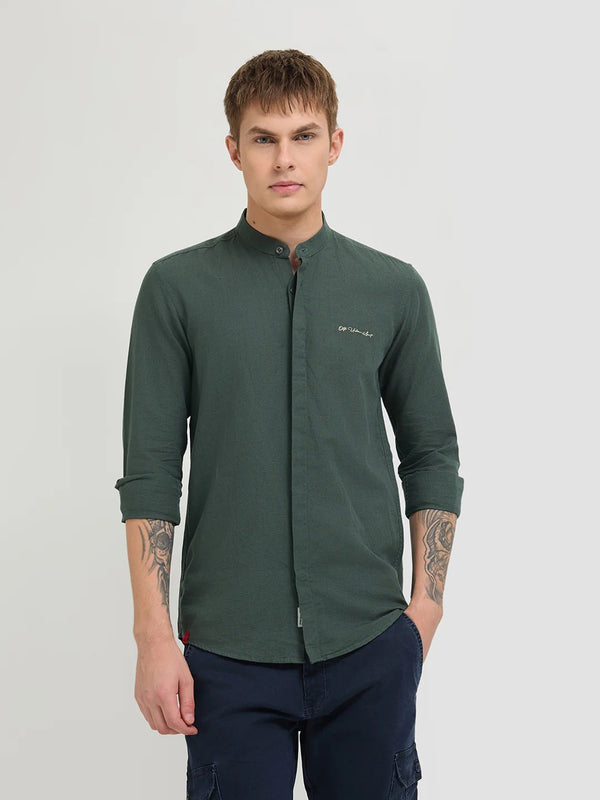 Stylovas Men's Olive Green Mandarin Collar Solid Full Sleeve Casual Shirt | Premium Cotton Blend | Regular Fit